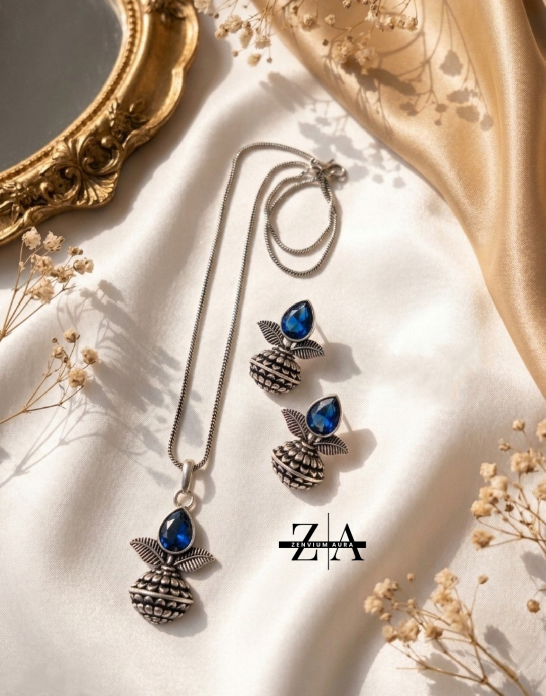 Zenvium Aura Elegant Oxidized Silver Plated Leaf & Stone Necklace With Earrings Set