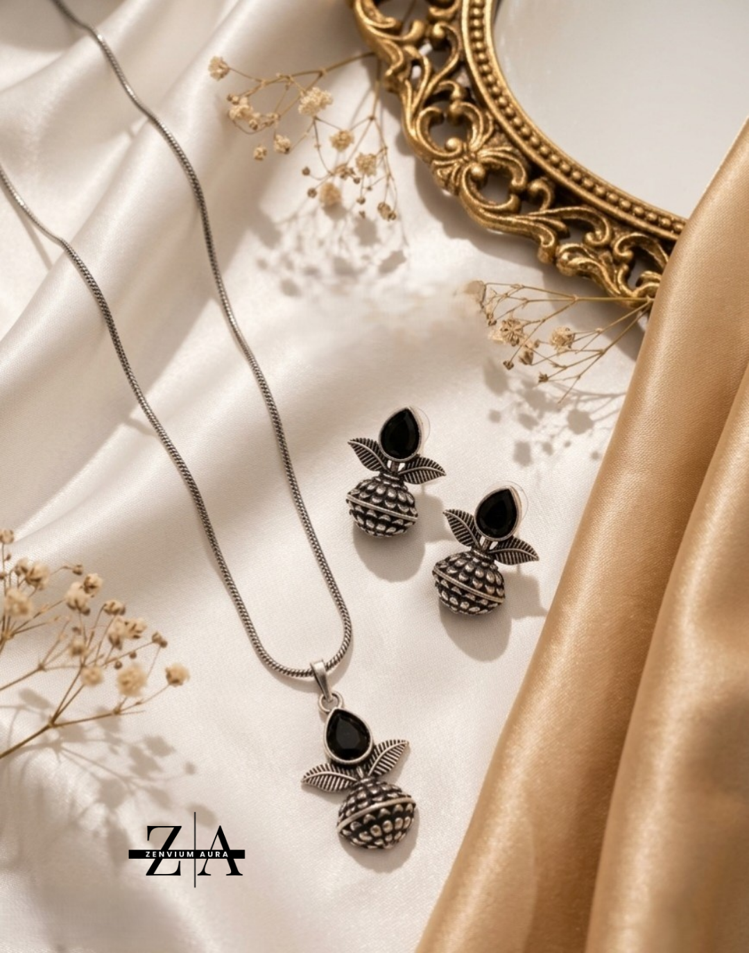 Zenvium Aura Elegant Oxidized Silver Plated Leaf & Stone Necklace With Earrings Set