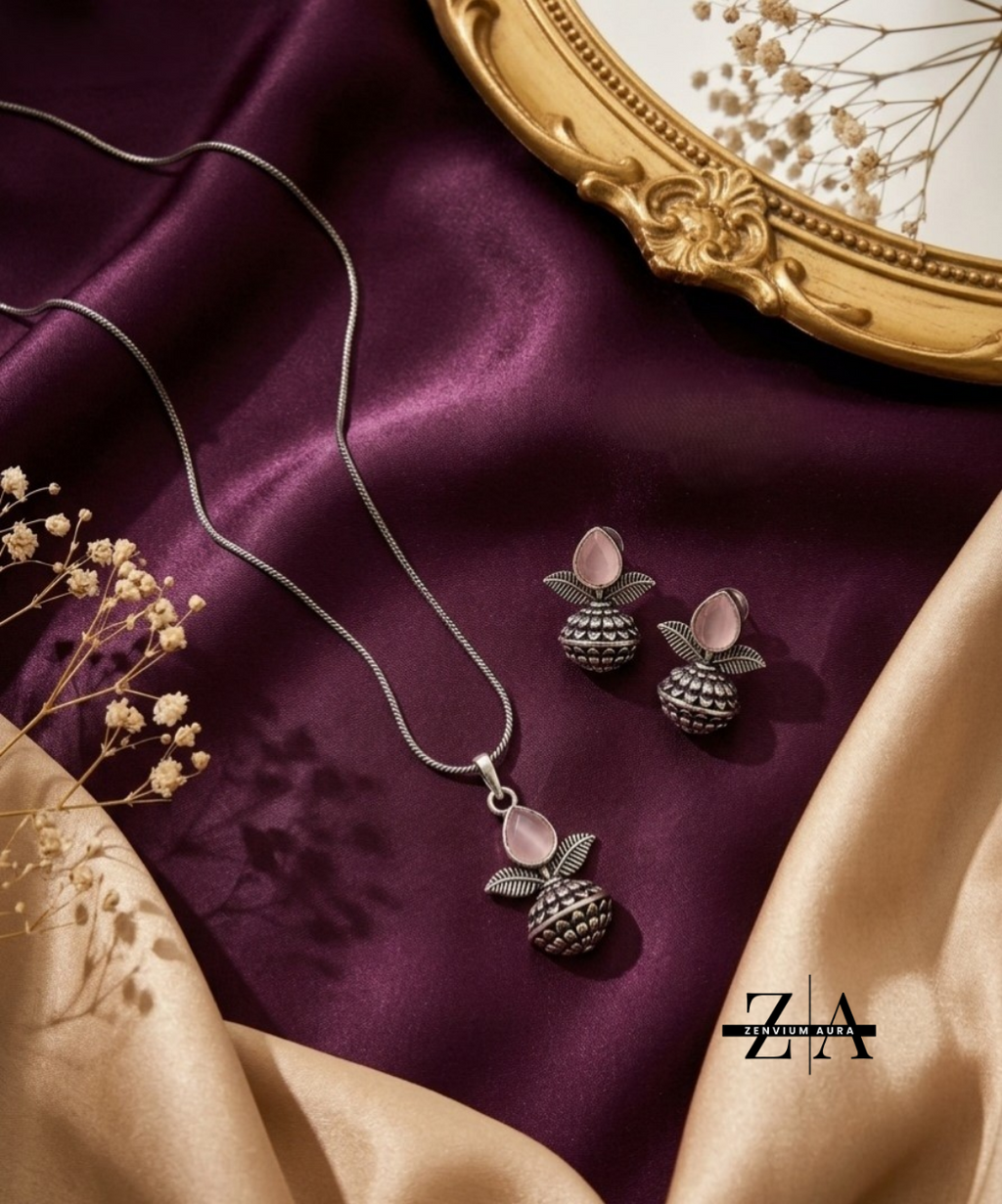 Zenvium Aura Elegant Oxidized Silver Plated Leaf & Stone Necklace With Earrings Set