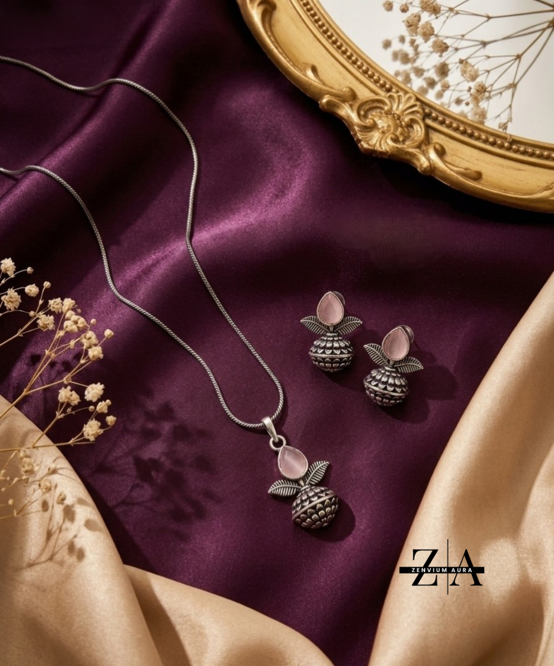Zenvium Aura Elegant Oxidized Silver Plated Leaf & Stone Necklace With Earrings Set