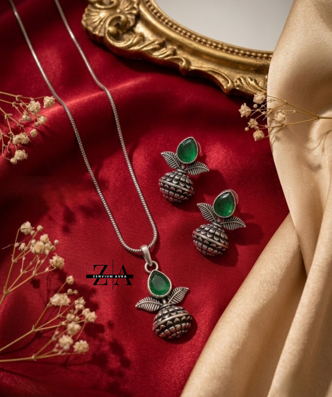 Zenvium Aura Elegant Oxidized Silver Plated Leaf & Stone Necklace With Earrings Set
