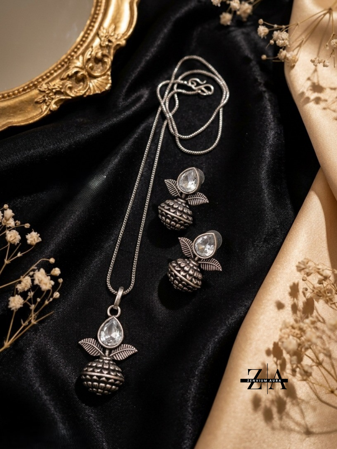 Zenvium Aura Elegant Oxidized Silver Plated Leaf & Stone Necklace With Earrings Set