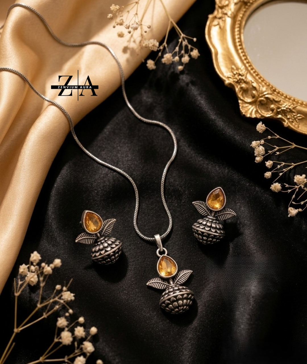 Zenvium Aura Elegant Oxidized Silver Plated Leaf & Stone Necklace With Earrings Set