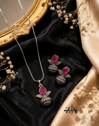 Zenvium Aura Elegant Oxidized Silver Plated Leaf & Stone Necklace With Earrings Set