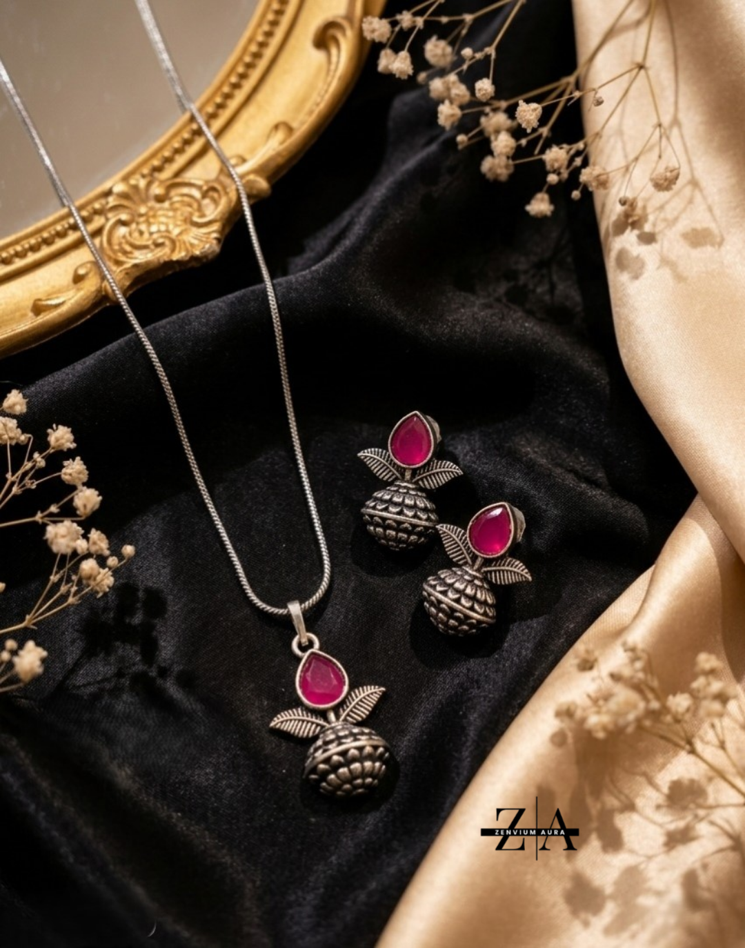 Zenvium Aura Elegant Oxidized Silver Plated Leaf & Stone Necklace With Earrings Set